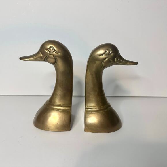 Brass Bookends Mallard Duck Head Set 6" Mid Century Brass Decor Doorstop Gift - Picture 4 of 7